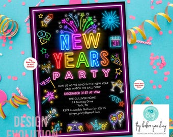 Neon New Year's Eve Party Invitation – Festive Fireworks (Digital Download)