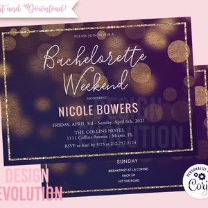 Puede incluir: Una invitación de fin de semana de despedida de soltera de color morado y dorado con un borde brillante. La invitación presenta una fuente de escritura y el texto "Bachelorette Weekend" y "Nicole Bowers". La invitación también incluye la fecha y la ubicación del evento, así como la información de RSVP.