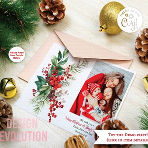 TRY DEMO FIRST - Size 7 x 5 - Holiday Christmas Winter Family Seasons Greetings Merry Christmas Watercolor Mistletoe Greeting Card