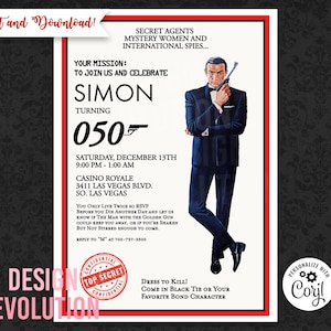 TRY DEMO FIRST - Retro Secret Agent Detective Crime Spy Tuxedo Black Tie Surprise 21st 30th 40th 50th 60th 70th Birthday Invitation