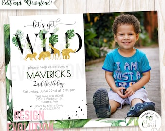 Jungle Safari 1st Birthday Photo Invitation (Digital Download)