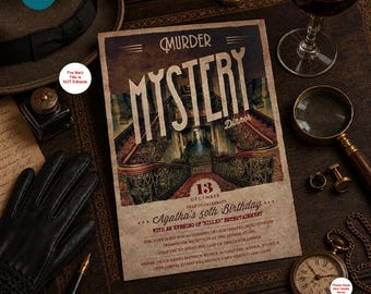 Könnte beinhalten: Eine rechteckige Einladungskarte für ein Krimi-Dinner mit einer Vintage-Illustration einer großen Treppe. Der Text lautet Murder Mystery Dinner, 13 December, Agatha's 50th Birthday, sowie Details zu einem Abend voller humorvoller Rätsel.