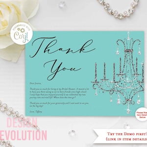 TRY DEMO FIRST - Size 7 x 5 Bride and Co Bridal Shower Birthday Glitter Chandelier Notecard Thank You Card
