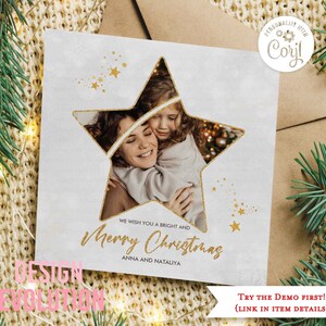 TRY DEMO FIRST - Size 5.25 x 5.25 Holiday Christmas Winter Family Seasons Greetings Happy Holidays Glitter Star Greeting Card