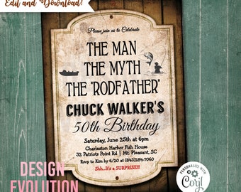 Rustic Fishing Birthday Invitation: The Man, The Myth (Digital Download)