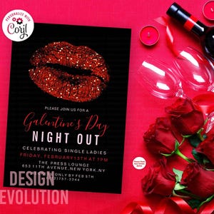 TRY DEMO FIRST - Galentine's Day Valentine's Day Red Glitter Lips Party Dinner Valentines Day Ladies Night Out Girls Night Out Invitation