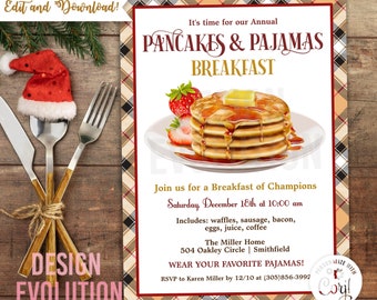 May include: A red and white plaid invitation for a Pancakes & Pajamas Breakfast. The invitation features a stack of pancakes with butter and syrup, strawberries, and a red Santa hat. The text on the invitation reads "It's time for our Annual Pancakes & Pajamas Breakfast" and "Join us for a Breakfast of Champions Saturday, December 18th at 10:00 am Includes: waffles, sausage, bacon, eggs, juice, coffee The Miller Home 504 Oakley Circle | Smithfield WEAR YOUR FAVORITE PAJAMAS! RSVP to Karen Miller by 12/10 at (305)856-3992"