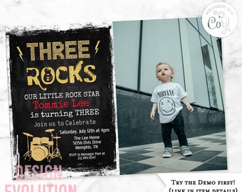 Rockstar 3rd Birthday Invitation: Gold Glitter Drum Set (Digital Download)