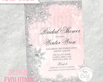 TRY DEMO FIRST - Winter Wonderland Silver Snowflake Glitter Frame Bridal Shower Invitation