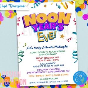 TRY DEMO FIRST -  Noon Years Eve Noon Year's Eve Party Kids Children Family Friendly Confetti Invitation