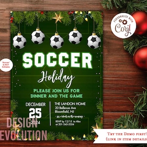 TRY DEMO FIRST - Soccer Holiday Christmas Themed Dinner Party Soccer Holiday Christmas Charity Football Greeting Card Invitation