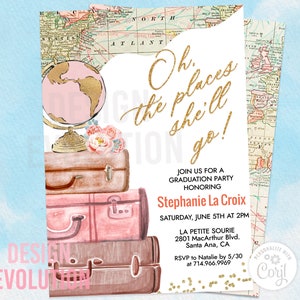 Op de afbeelding: Een uitnodiging voor een afstudeerfeest met een aquarel-illustratie van gestapelde koffers en een wereldbol. De uitnodiging is versierd met gouden glitter en de tekst "Oh, the places she'll go!"  Doe mee met ons voor een afstudeerfeest ter ere van Stephanie La Croix. Zaterdag 5 juni om 14:00 uur. La Petite Sourie, 2801 MacArthur Blvd., Santa Ana, CA. RSVP aan Natalie vóór 5/30 op 714.966.9969.