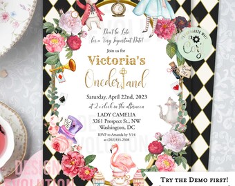 May include: A white invitation with black and gold checkered pattern. The invitation is for a "Victoria's Onederland" party. The invitation features illustrations of Alice in Wonderland characters, including the Mad Hatter, the White Rabbit, and the Queen of Hearts. The text on the invitation includes the date, time, and location of the party.