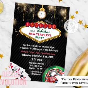 TRY DEMO FIRST - New Year's Eve Casino Night Vegas Style Gambling Black and Gold Sparkler Confetti Poker Playing Cards Invitation