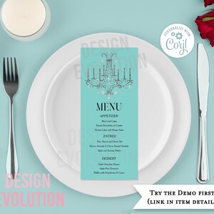 TRY DEMO FIRST -  Size: 4 x 9.25 Menu Place Setting Breakfast at Chandelier Paris Bride and Co Baby and Co Paris Blue Classy Elegant Menu