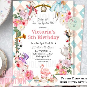 TRY DEMO FIRST - Alice in Wonderland White Rabbit Tea Party Tea for Two Mad Hatter Harlequin Vintage Floral Birthday Invitation