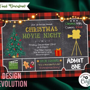 TRY DEMO FIRST - Size 5 x 7 Christmas Movie Night Ticket Style Christmas Film Night Christmas Movie Marathon Film Holiday Party Invitation
