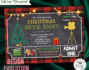 Christmas Movie Night Invitation Ticket: Holiday Film Party (Digital Download)
