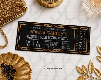 Roaring 20s Birthday Ticket Invitation – Gatsby Theme (Digital Download)