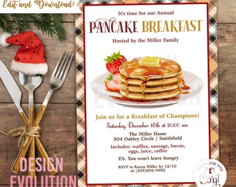 May include: A printable invitation for a pancake breakfast hosted by the Miller family. The invitation features a stack of pancakes with butter and strawberries on a white plate. The text on the invitation reads "It's time for our Annual Pancake Breakfast Hosted by the Miller Family" and includes the date, time, and location of the event. The invitation also includes a phone number for RSVP.