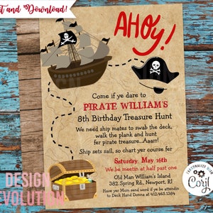 TRY DEMO FIRST -  Vintage Pirate Birthday Ahoy Matey Treasure Map Invitation
