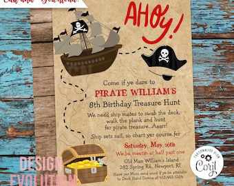 TRY DEMO FIRST -  Vintage Pirate Birthday Ahoy Matey Treasure Map Invitation