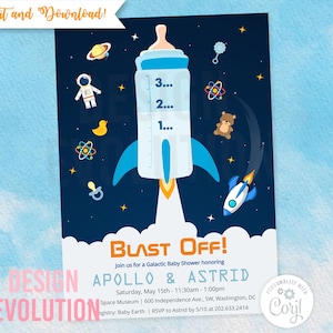 TRY DEMO FIRST - Astronaut Outer Space Blast Off Out of this World Houston we Have a Boy Planets Moon Galaxy Baby Shower Invitation