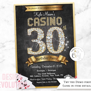 TRY DEMO FIRST - 30th Birthday Casino Las Vegas Casino Royale Poker Night Playing Cards Diamonds Dice Birthday Invitation
