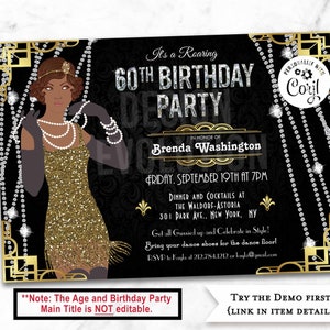 TRY THE DEMO - 60th Birthday African American Harlem Nights Jazz Great Gatsby Flapper Girl 1920s Roaring 20&#39;s Speakeasy Birthday Invitation