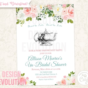 TRY DEMO FIRST - Alice in Wonderland Vintage Teapot Mad Hatter Watercolor Floral Bridal Shower Baby Shower Birthday Invitation