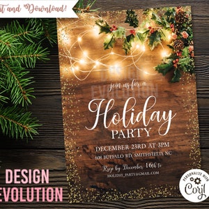 Pode incluir: Convite para uma festa de fim de ano com fundo de madeira rústica, adornado com azevinho, pinhas e luzes de corda. O convite inclui o texto "Holiday Party" e os detalhes do evento. O design também inclui o texto "Edit and Download!" e "Design Evolution".