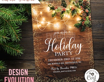 TRY DEMO FIRST - Holiday Winter Christmas Party Glitter Lights Mistletoe Rustic Invitation