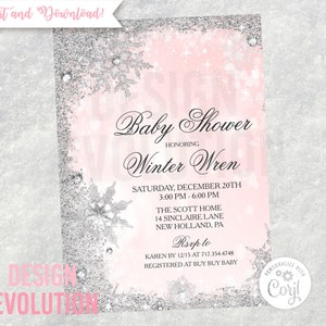 TRY DEMO FIRST - Winter  Wonderland Silver Snowflake Glitter Frame Girl Baby Shower Invitation