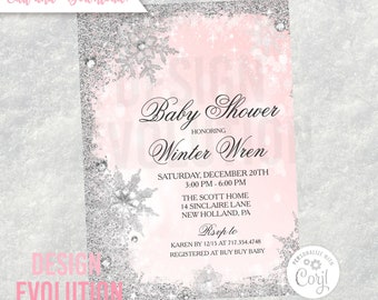 TRY DEMO FIRST - Winter  Wonderland Silver Snowflake Glitter Frame Girl Baby Shower Invitation