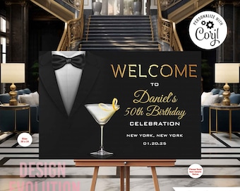 TRY DEMO FIRST - Size: 36 x 24 Tuxedo Cocktail Martini Secret Agent Tuxedo Black Tie Surprise 30th 40th 50th 60th 70th Birthday Welcome Sign