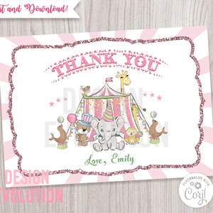 TRY DEMO FIRST - Circus Carnival Elephant Circus Animals Birthday Thank You Flat Card