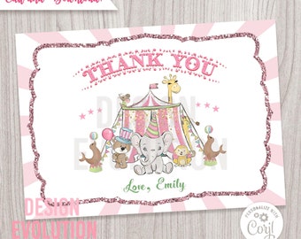 TRY DEMO FIRST - Circus Carnival Elephant Circus Animals Birthday Thank You Flat Card