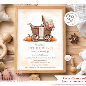 TRY DEMO FIRST - A Little Pumpkin is on the Way Baby Carriage Baby Stroller Watercolor Boho Bohemian Fall Autumn Baby Shower Invitation