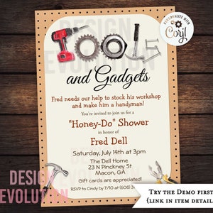 TRY DEMO FIRST - Honey Do Shower Tool Party Tool Shower Tools and Gadgets Groom Shower Birthday Invitation