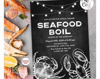 Seafood Boil Party Invitation: Crab, Lobster, String Lights (Digital)
