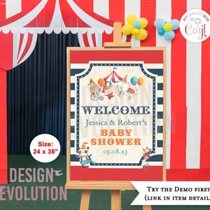 TRY DEMO FIRST -  Size: 24 x 36 Circus Carnival Under the Big Top Circus Animals Carnival Party Birthday Baby Shower Welcome Sign Poster