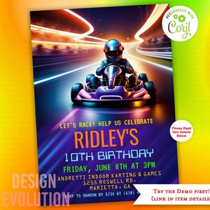 TRY DEMO FIRST - Go-Kart Racing Birthday Go Kart Party Go Cart Racing Race Car Tween Birthday Invitation