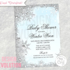 TRY DEMO FIRST - Winter Wonderland Silver Snowflake Glitter Frame Baby Shower Invitation