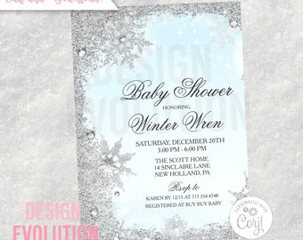 TRY DEMO FIRST - Winter Wonderland Silver Snowflake Glitter Frame Baby Shower Invitation