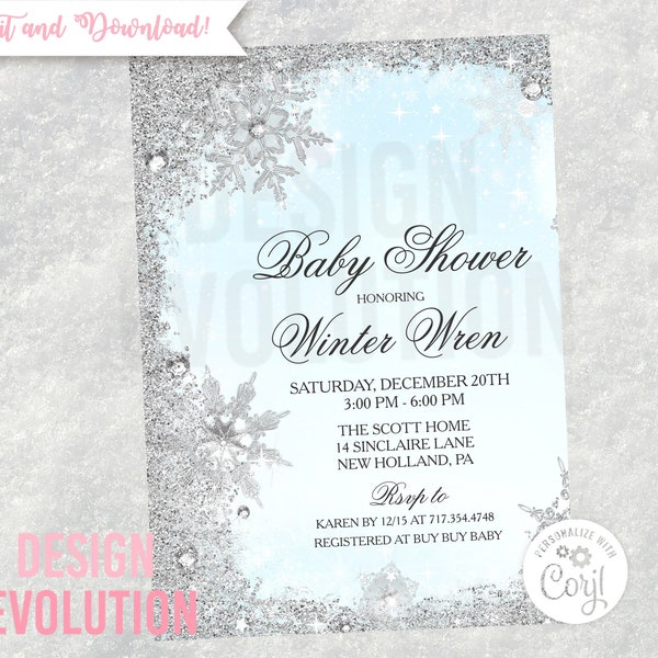 TRY DEMO FIRST - Winter Wonderland Silver Snowflake Glitter Frame Baby Shower Invitation