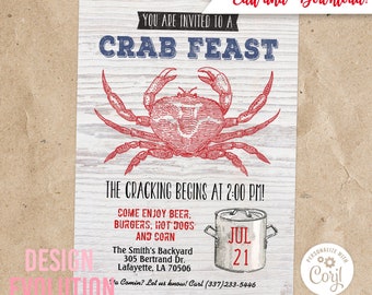 May include: A red and white crab feast invitation with a drawing of a crab and a pot with the date July 21st. The text reads "You are invited to a Crab Feast. The cracking begins at 2:00 PM! Come enjoy beer, burgers, hot dogs and corn. The Smith's Backyard 305 Bertrand Dr. Lafayette, LA 70506. 'a Comin? Let us know! Carl (337) 233-5446"