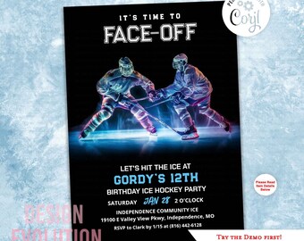 Neon Ice Hockey Birthday Party Invitation (Digital Download)