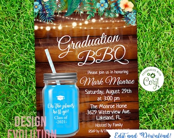TRY DEMO FIRST - Graduation Bbq Cookout Blue Mason Jar Floral String Lights Invitation