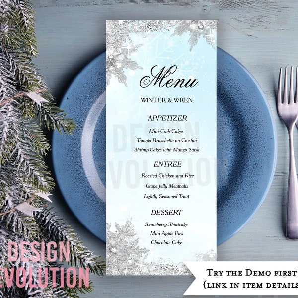 TRY DEMO FIRST -  Size 4 x 9.25 Place Setting Winter Snowflake Frosted Holiday Anniversary Wedding Rehearsal Reception Elegant Dinner Menu