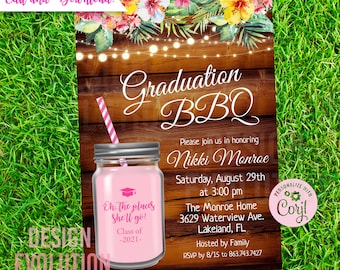 TRY DEMO FIRST - Graduation Bbq Cookout Pink Mason Jar Floral String Lights Invitation